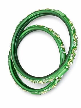Pair of Handcrafted Indian Bangles – Green & Gold Crystal Detail